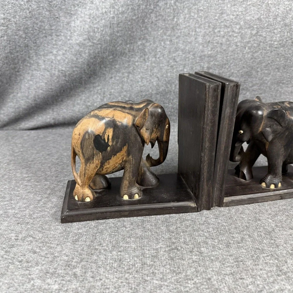 Wood Elephant Bookends Pair Hand Carved Book Holder Brown Home Decor Shelf